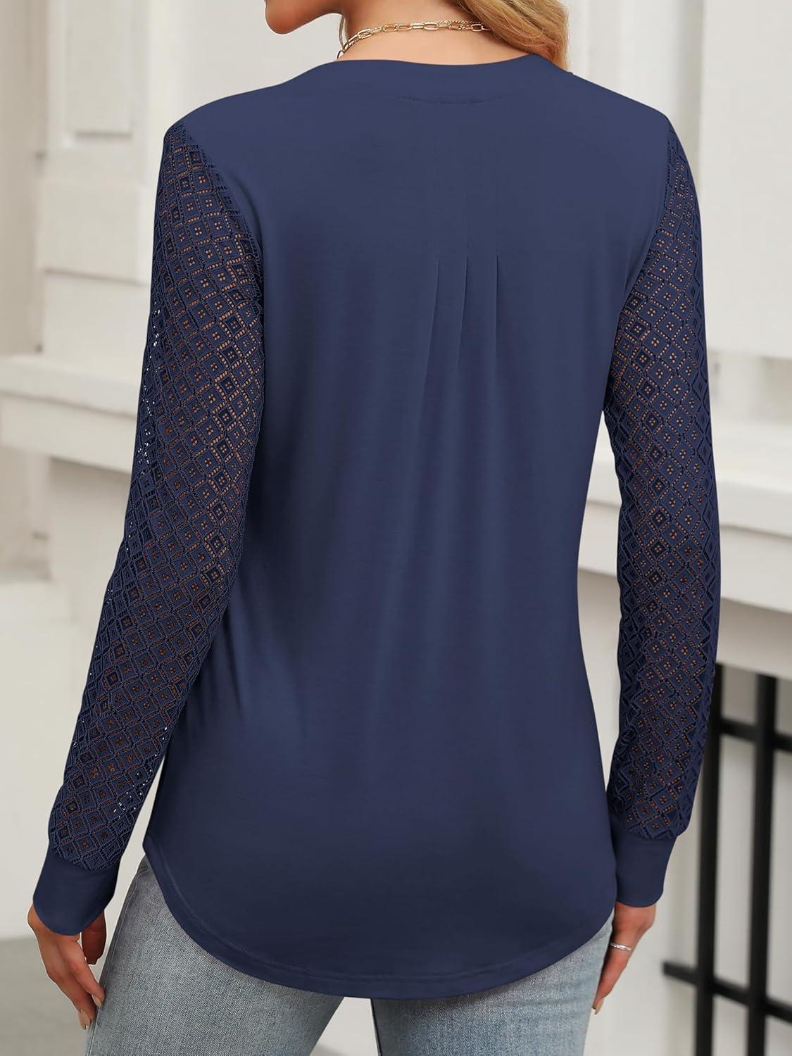 imageANRABESS Women Long Sleeve Shirts V Neck Pleated Tunic Top Business Dressy Casual Blouse 2025 Fall Fashion OutfitsNavy Blue