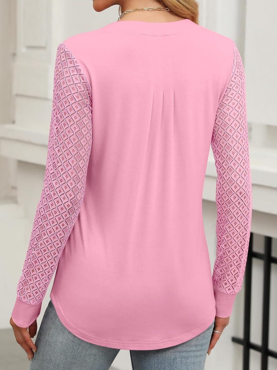 imageANRABESS Women Long Sleeve Shirts V Neck Pleated Tunic Top Business Dressy Casual Blouse 2025 Fall Fashion OutfitsPink