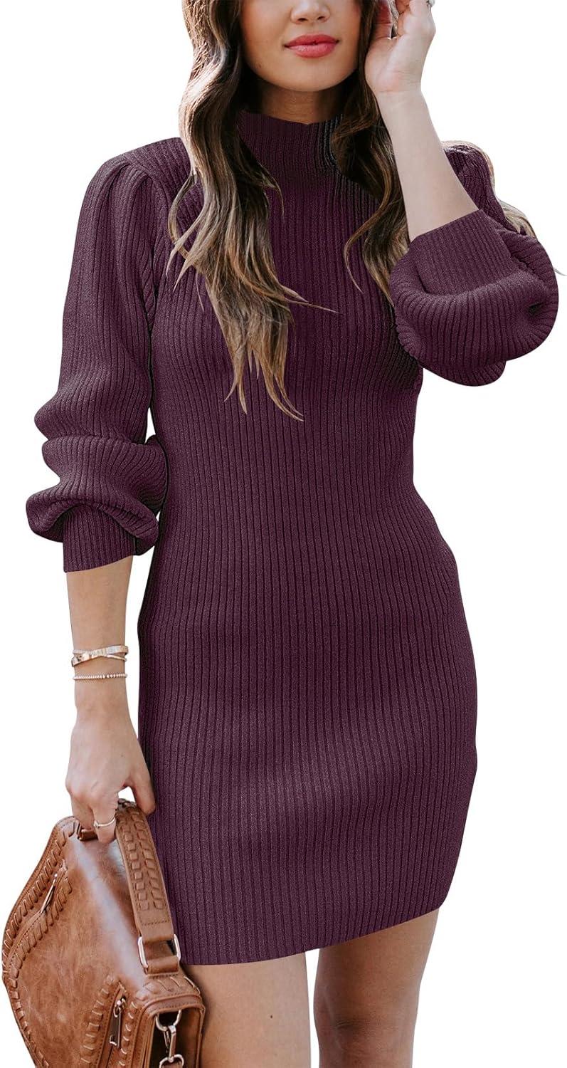imageANRABESS Women Long Sleeve Turtle Mock Neck Rib Knit Stretch Slim Fitted Bodycon Sweater Mini Short Dress 2025 Fall OutfitsDeep Purple