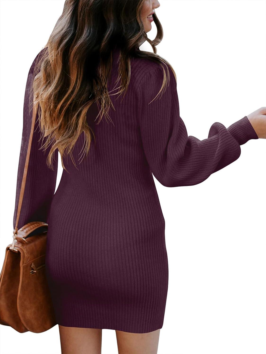 imageANRABESS Women Long Sleeve Turtle Mock Neck Rib Knit Stretch Slim Fitted Bodycon Sweater Mini Short Dress 2025 Fall OutfitsDeep Purple