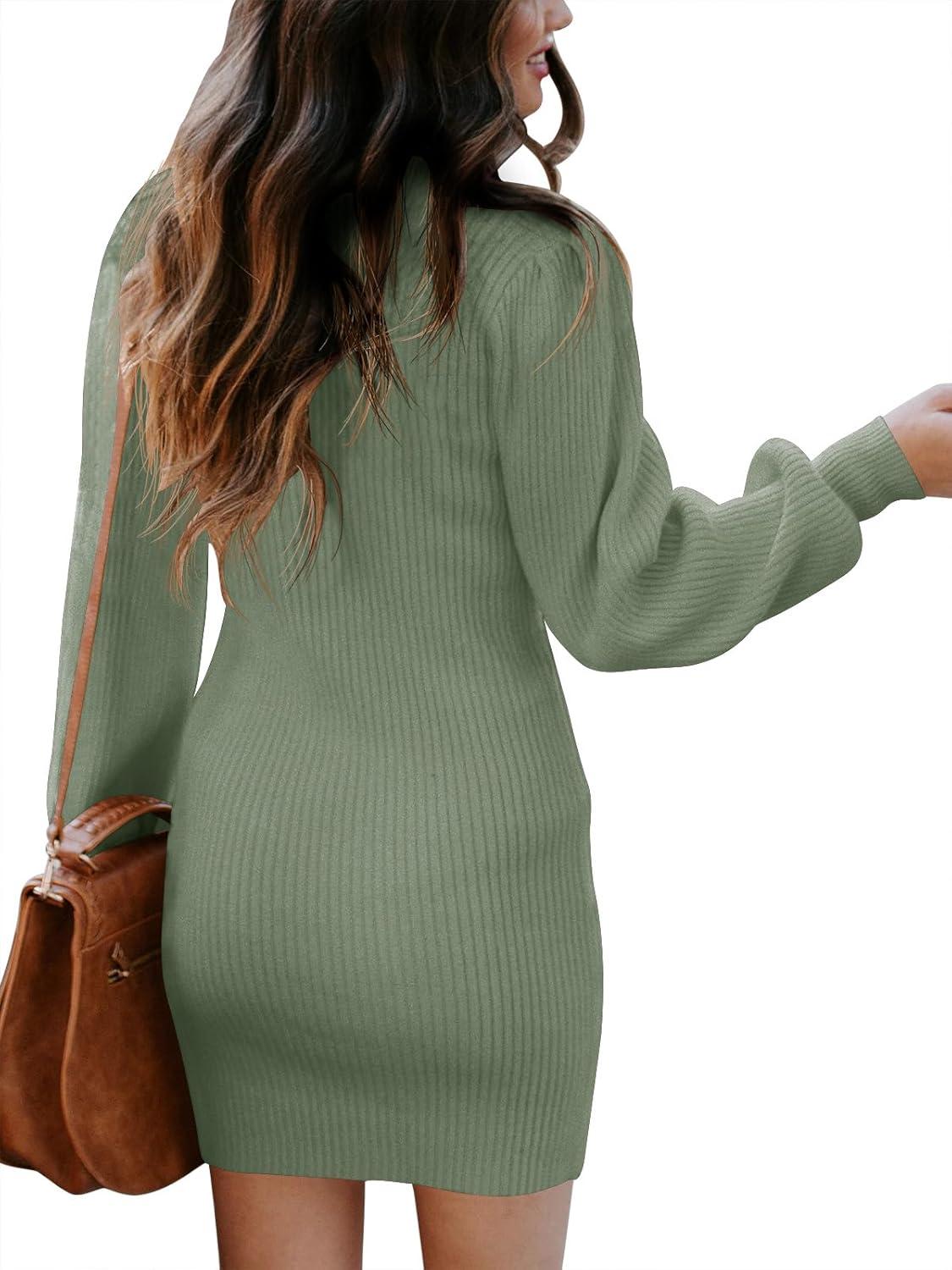 imageANRABESS Women Long Sleeve Turtle Mock Neck Rib Knit Stretch Slim Fitted Bodycon Sweater Mini Short Dress 2025 Fall OutfitsGreen Gray