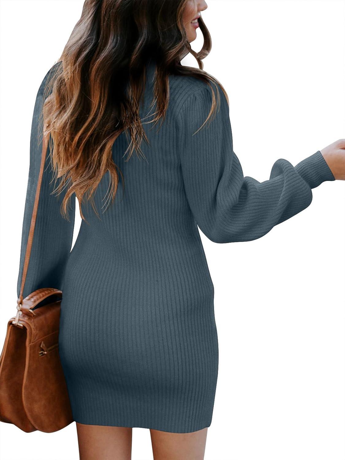 imageANRABESS Women Long Sleeve Turtle Mock Neck Rib Knit Stretch Slim Fitted Bodycon Sweater Mini Short Dress 2025 Fall OutfitsNavy