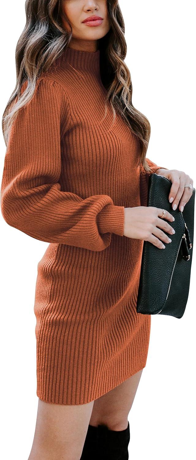 imageANRABESS Women Long Sleeve Turtle Mock Neck Rib Knit Stretch Slim Fitted Bodycon Sweater Mini Short Dress 2025 Fall OutfitsRust Orange