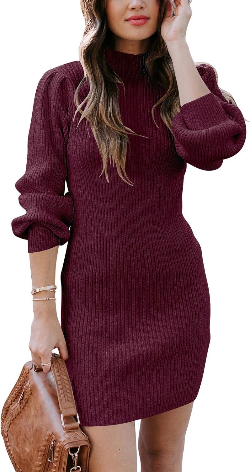 imageANRABESS Women Long Sleeve Turtle Mock Neck Rib Knit Stretch Slim Fitted Bodycon Sweater Mini Short Dress 2025 Fall OutfitsWine Red