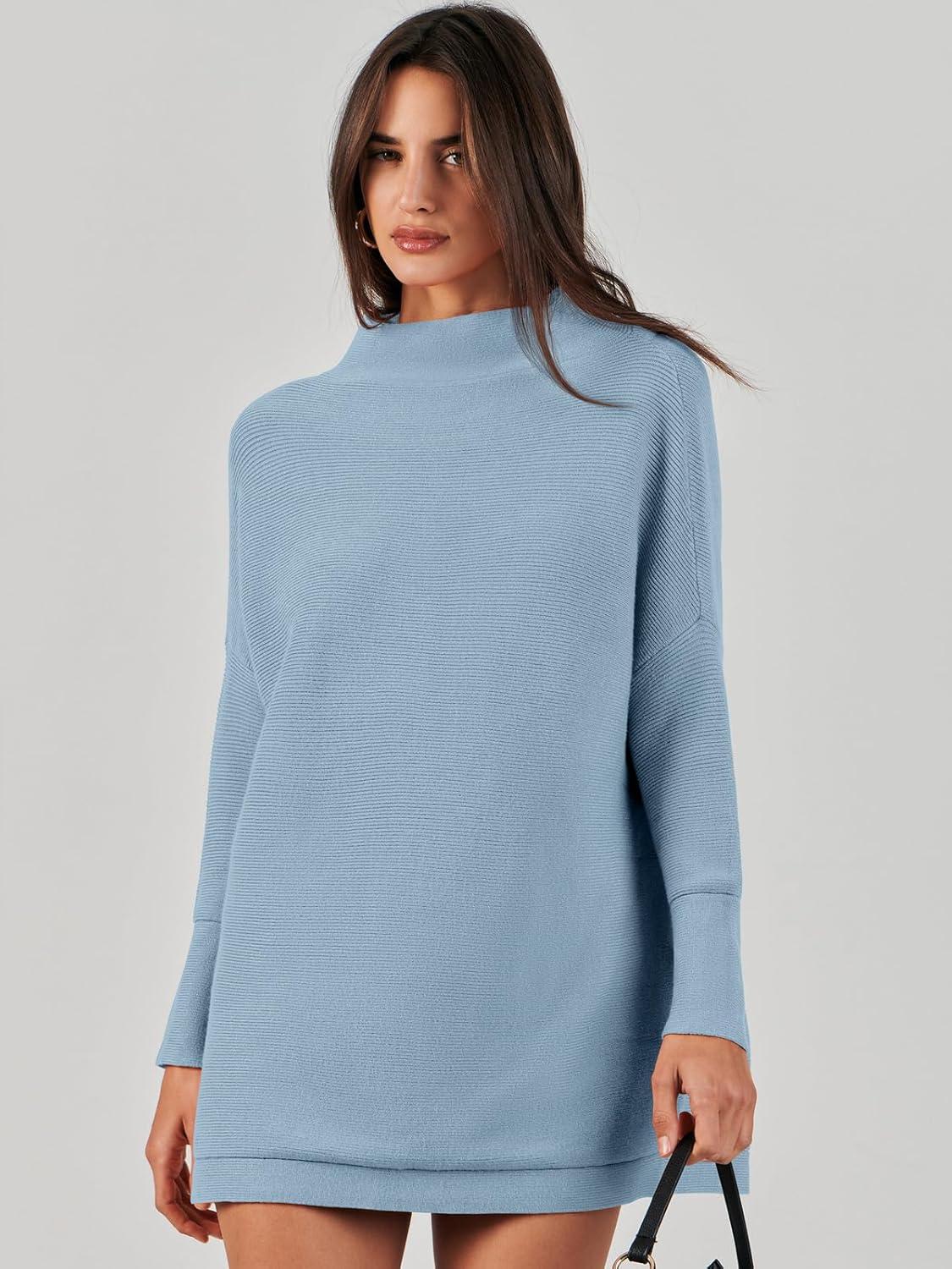 imageANRABESS Women Oversized Casual Loose Turtleneck Long Sleeve Slouchy Baggy Knit Tunic Sweaters Pullover 2025 Fall OutfitsGray Blue