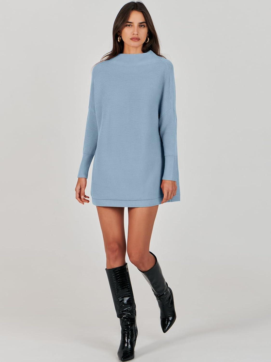 imageANRABESS Women Oversized Casual Loose Turtleneck Long Sleeve Slouchy Baggy Knit Tunic Sweaters Pullover 2025 Fall OutfitsGray Blue