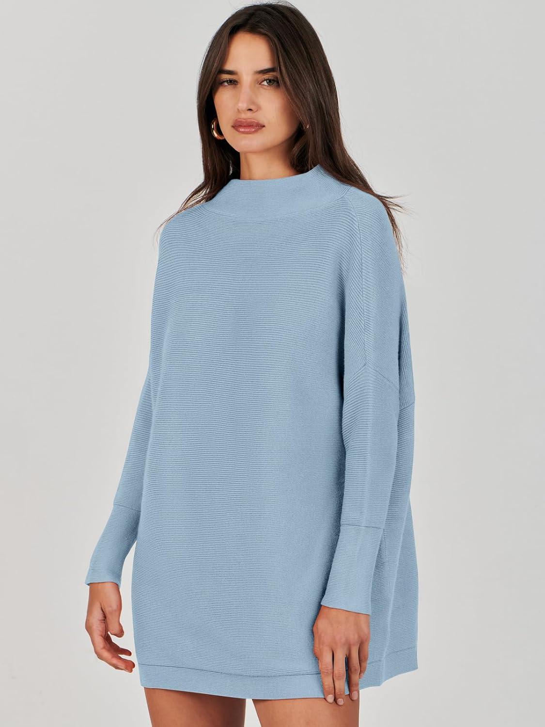 imageANRABESS Women Oversized Casual Loose Turtleneck Long Sleeve Slouchy Baggy Knit Tunic Sweaters Pullover 2025 Fall OutfitsGray Blue