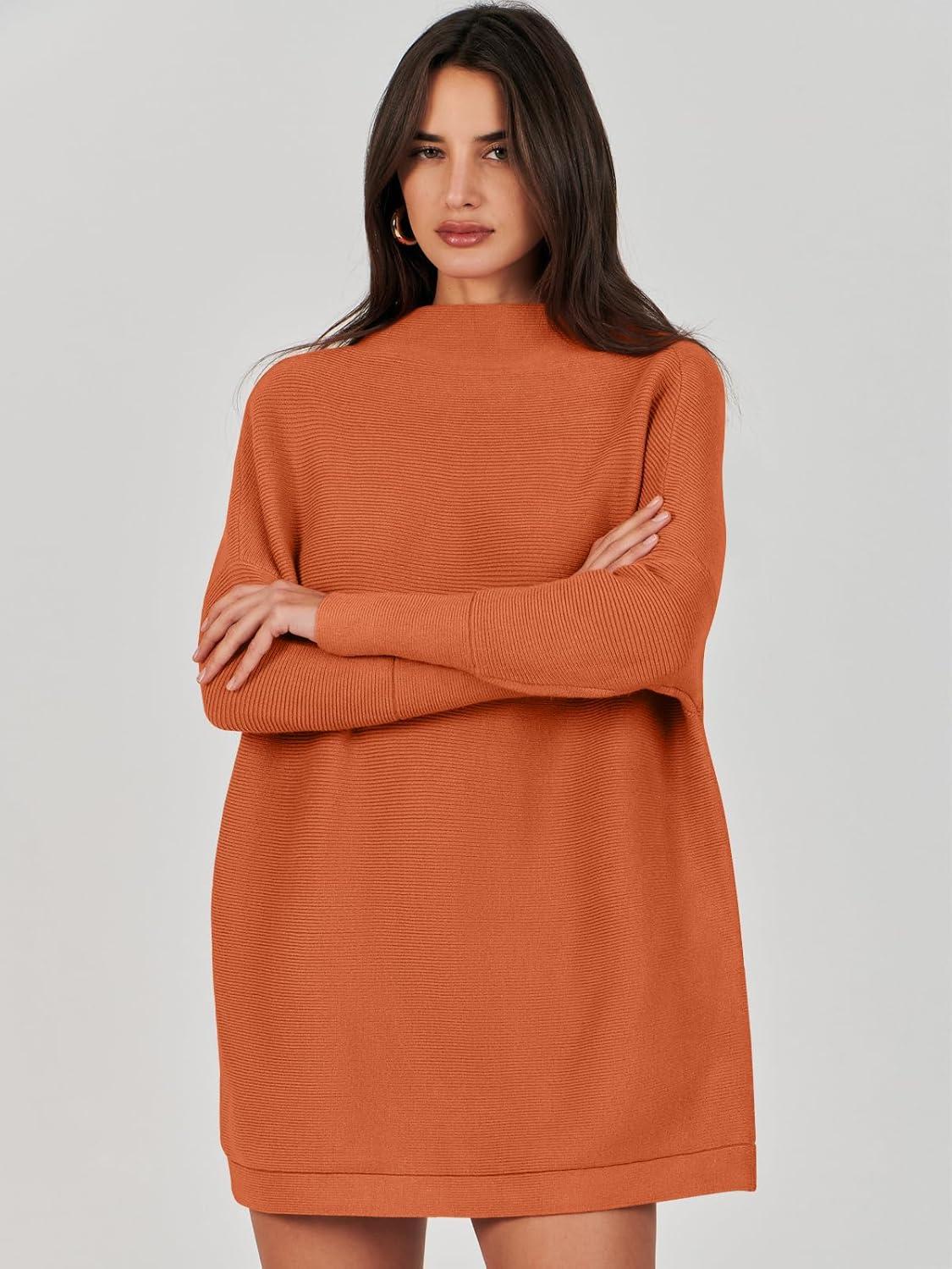 imageANRABESS Women Oversized Casual Loose Turtleneck Long Sleeve Slouchy Baggy Knit Tunic Sweaters Pullover 2025 Fall OutfitsRust Orange