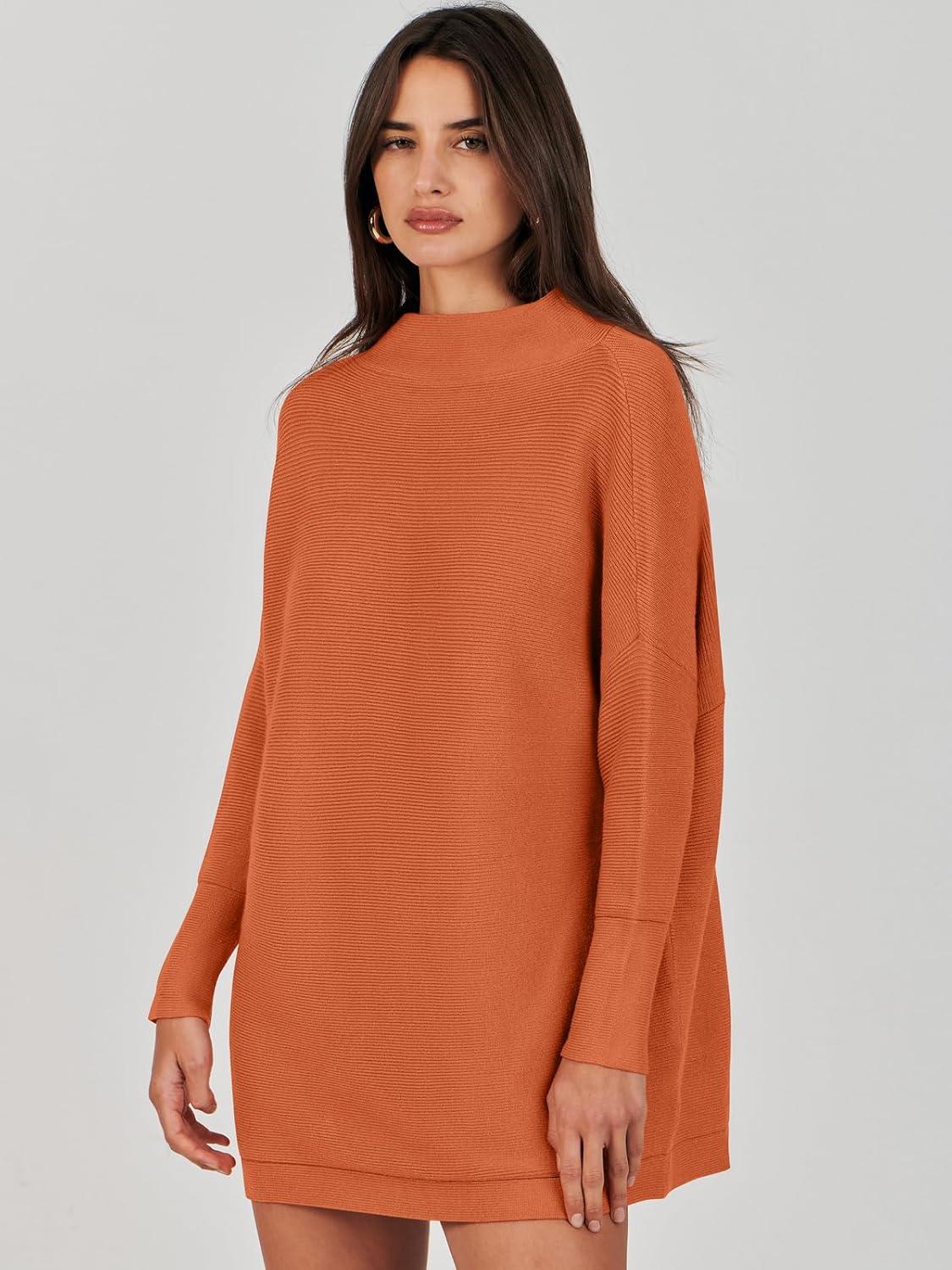 imageANRABESS Women Oversized Casual Loose Turtleneck Long Sleeve Slouchy Baggy Knit Tunic Sweaters Pullover 2025 Fall OutfitsRust Orange