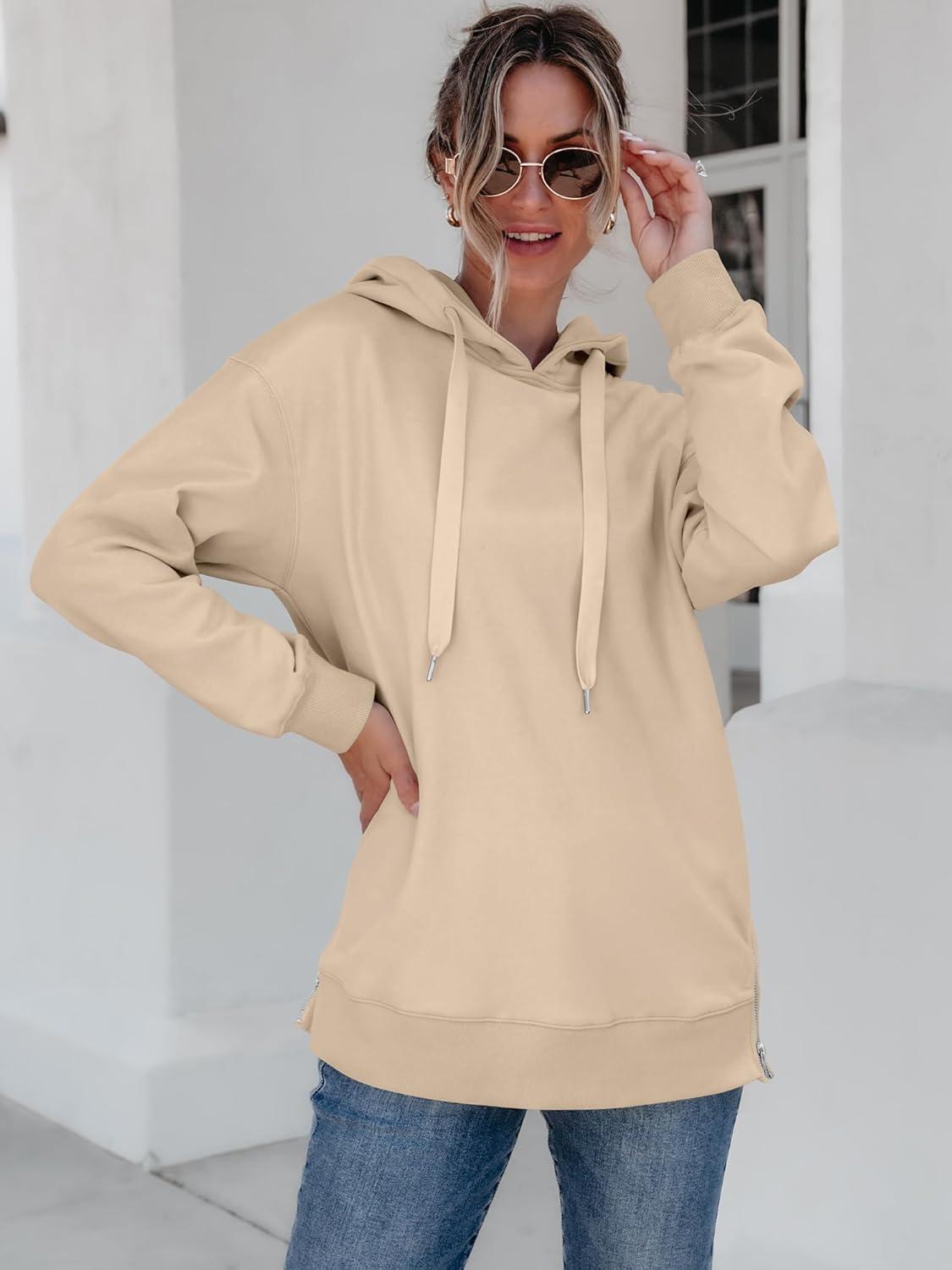 imageANRABESS Women Oversized Hoodies Side Zipper Fleece Long Sweatshirts Lightweight Tunic Pullover 2025 Fall Trendy ClothesDark Apricot