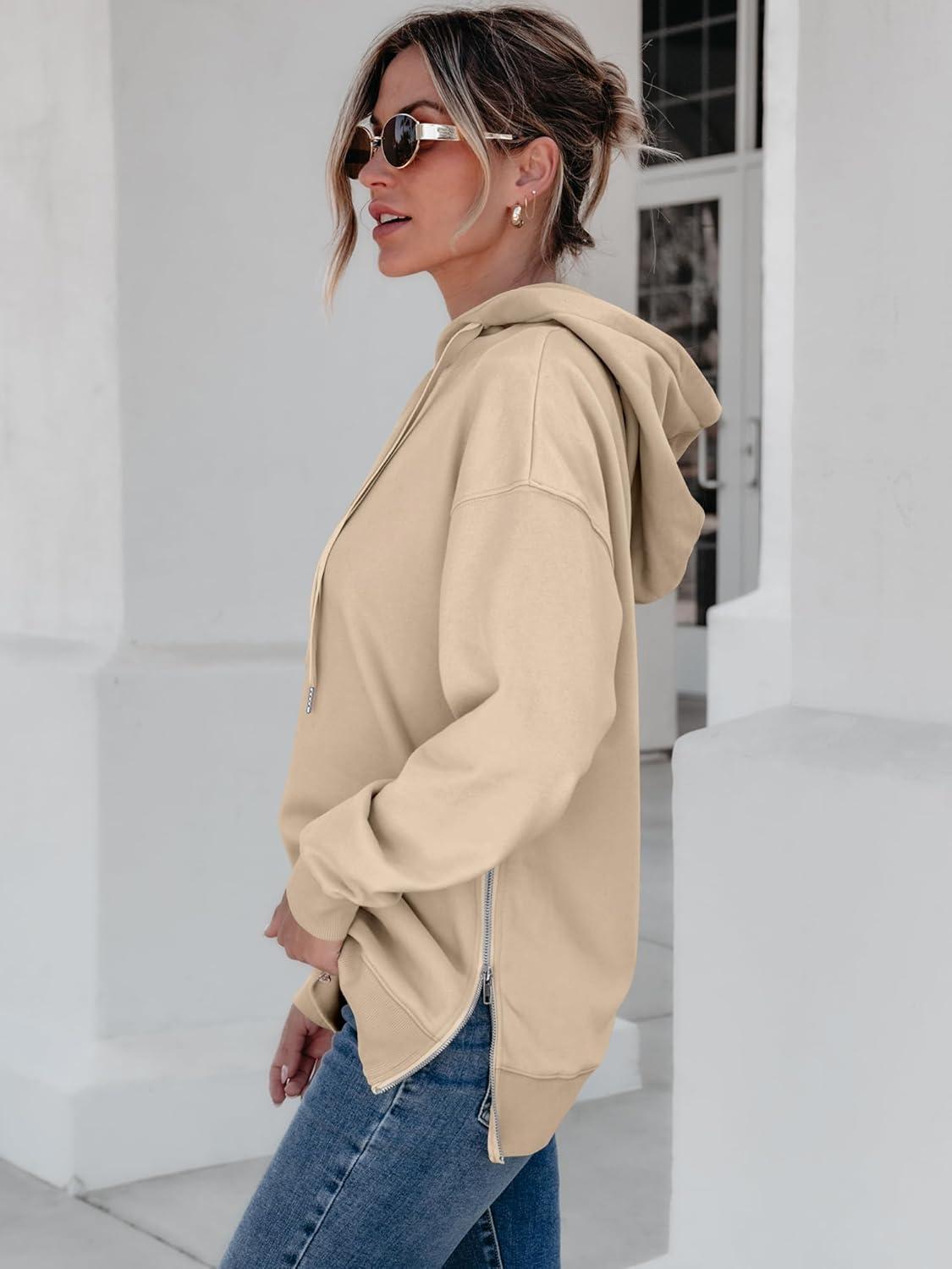 imageANRABESS Women Oversized Hoodies Side Zipper Fleece Long Sweatshirts Lightweight Tunic Pullover 2025 Fall Trendy ClothesDark Apricot