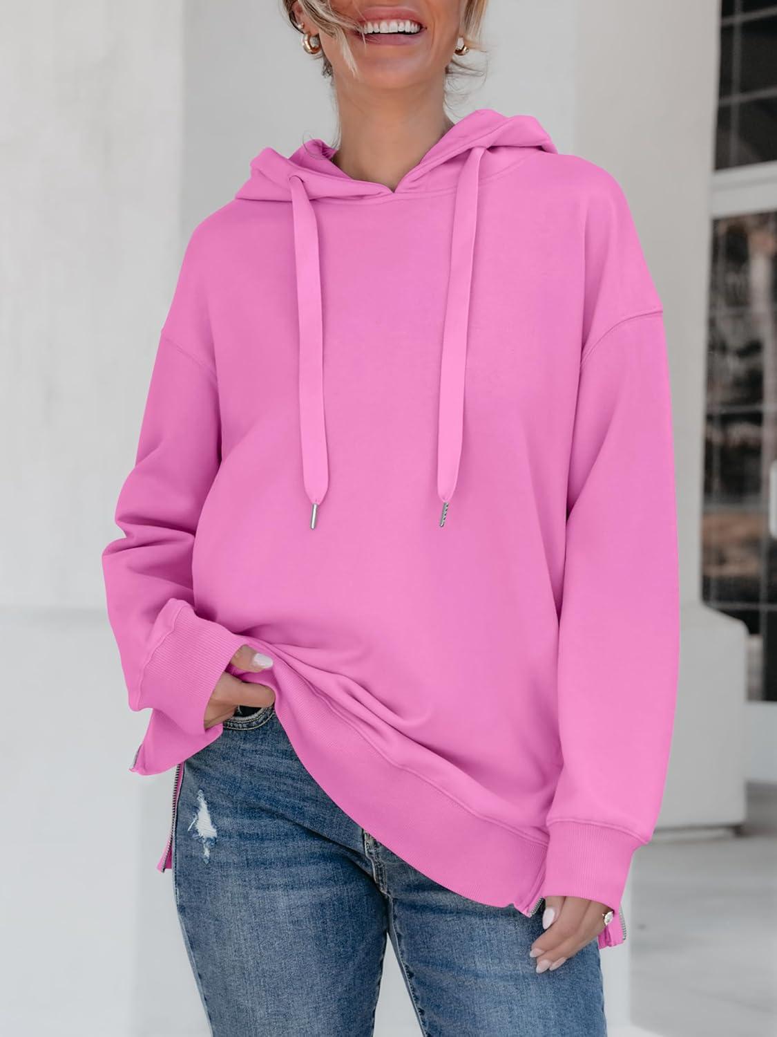 imageANRABESS Women Oversized Hoodies Side Zipper Fleece Long Sweatshirts Lightweight Tunic Pullover 2025 Fall Trendy ClothesPink