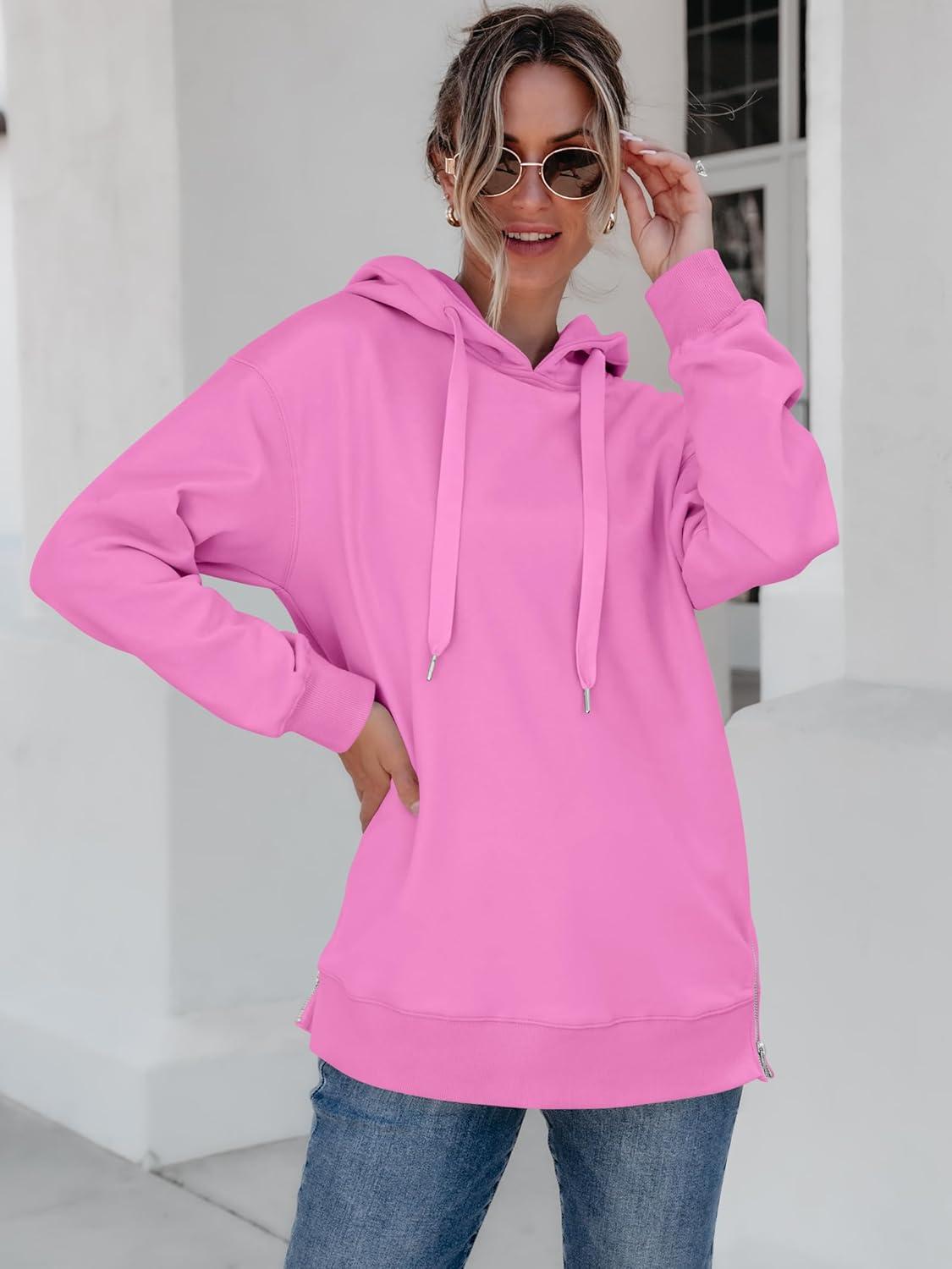 imageANRABESS Women Oversized Hoodies Side Zipper Fleece Long Sweatshirts Lightweight Tunic Pullover 2025 Fall Trendy ClothesPink