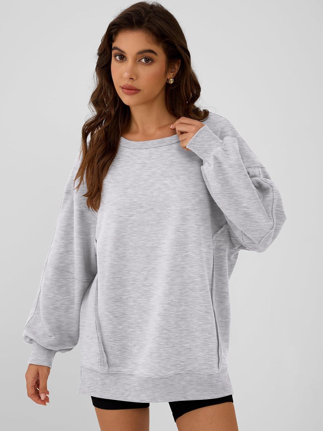 imageANRABESS Women Oversized Long Sleeve Sweatshirts Crewneck Side Slit Loose Teen Girl Pullover Top 2025 Fall Y2K Trendy Outfits Light Grey XLarge