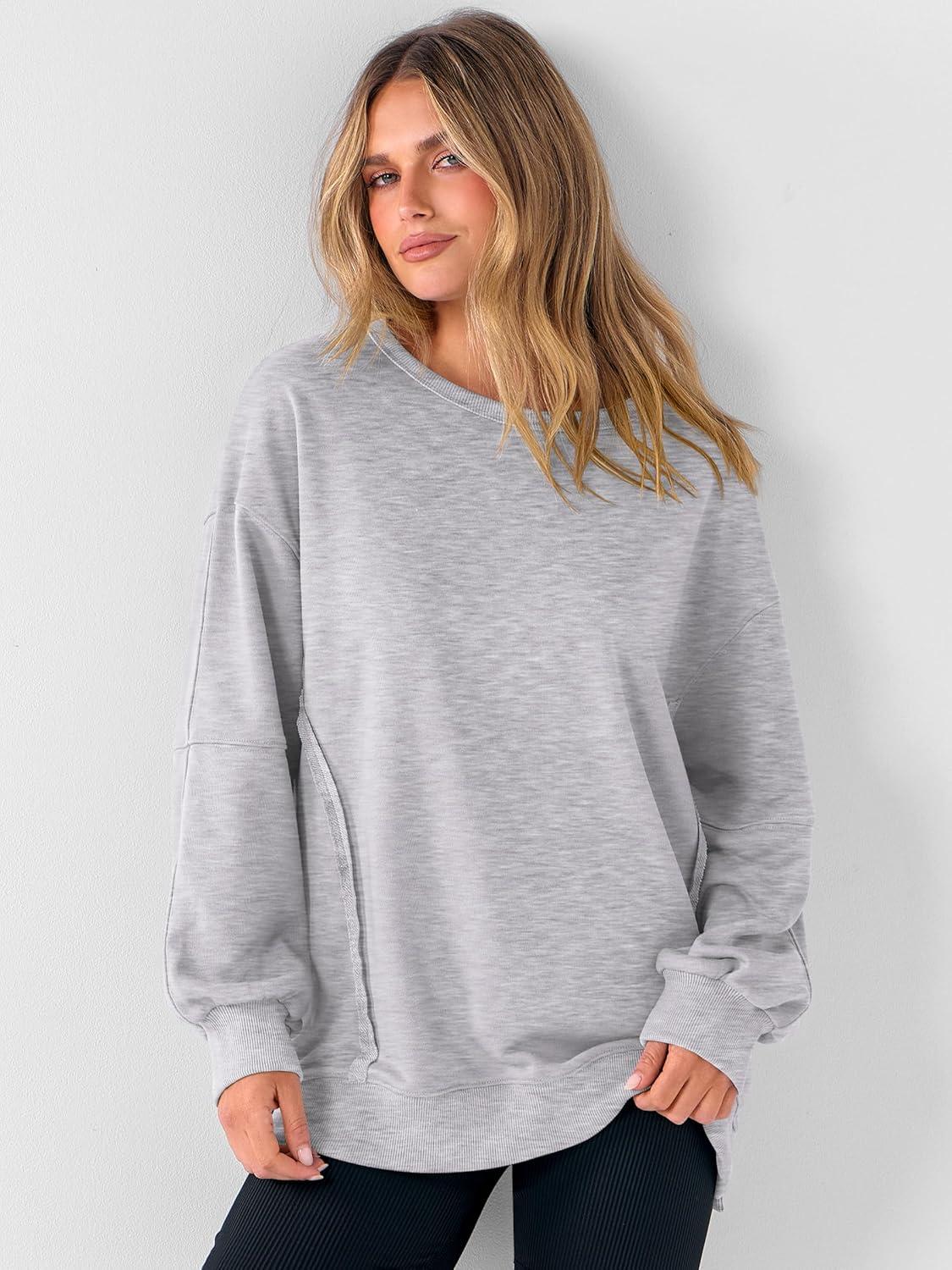imageANRABESS Women Oversized Long Sleeve Sweatshirts Crewneck Side Slit Loose Teen Girl Pullover Top 2025 Fall Y2K Trendy Outfits Light Grey XLarge