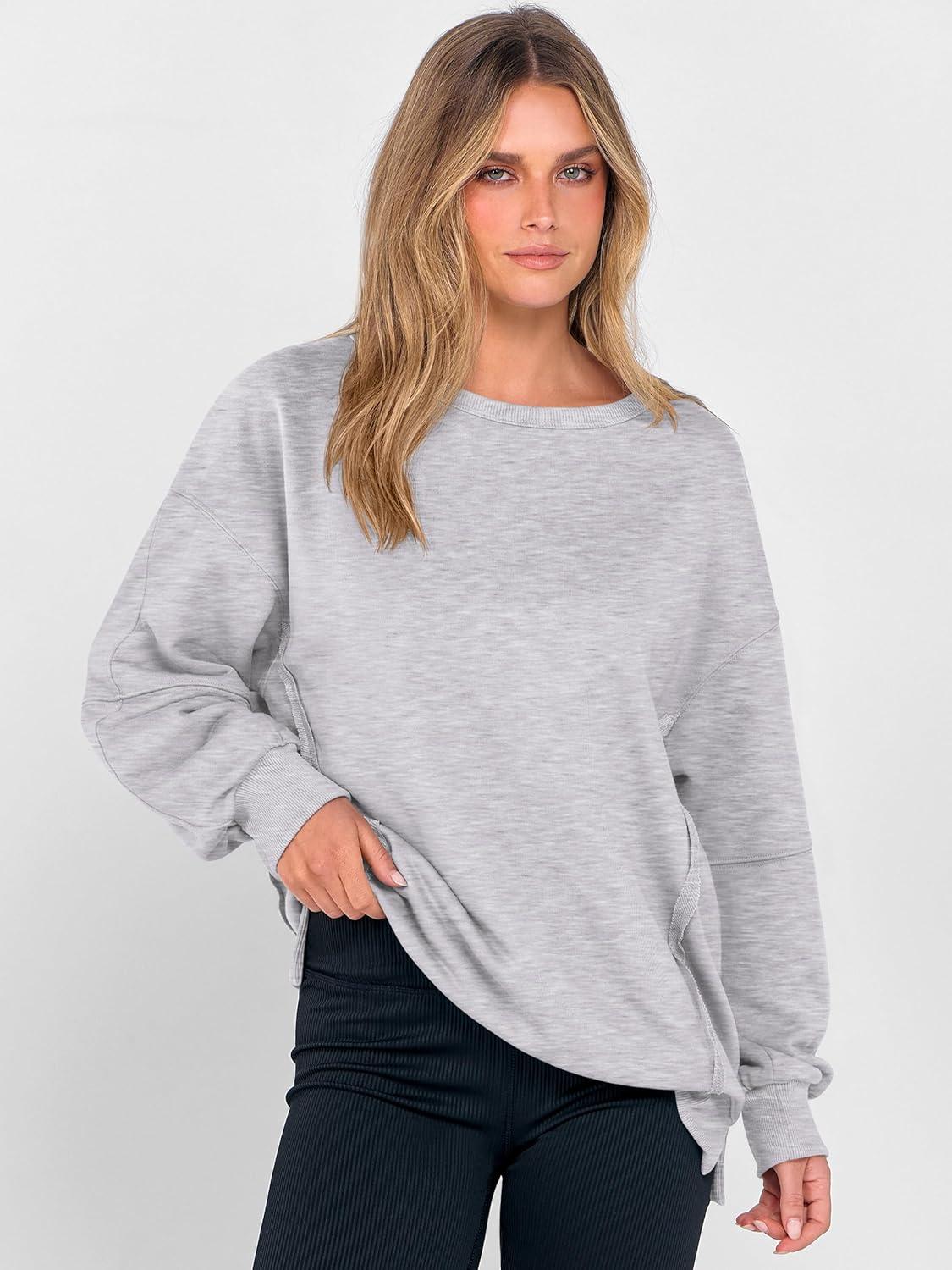 imageANRABESS Women Oversized Long Sleeve Sweatshirts Crewneck Side Slit Loose Teen Girl Pullover Top 2025 Fall Y2K Trendy Outfits Light Grey XLarge