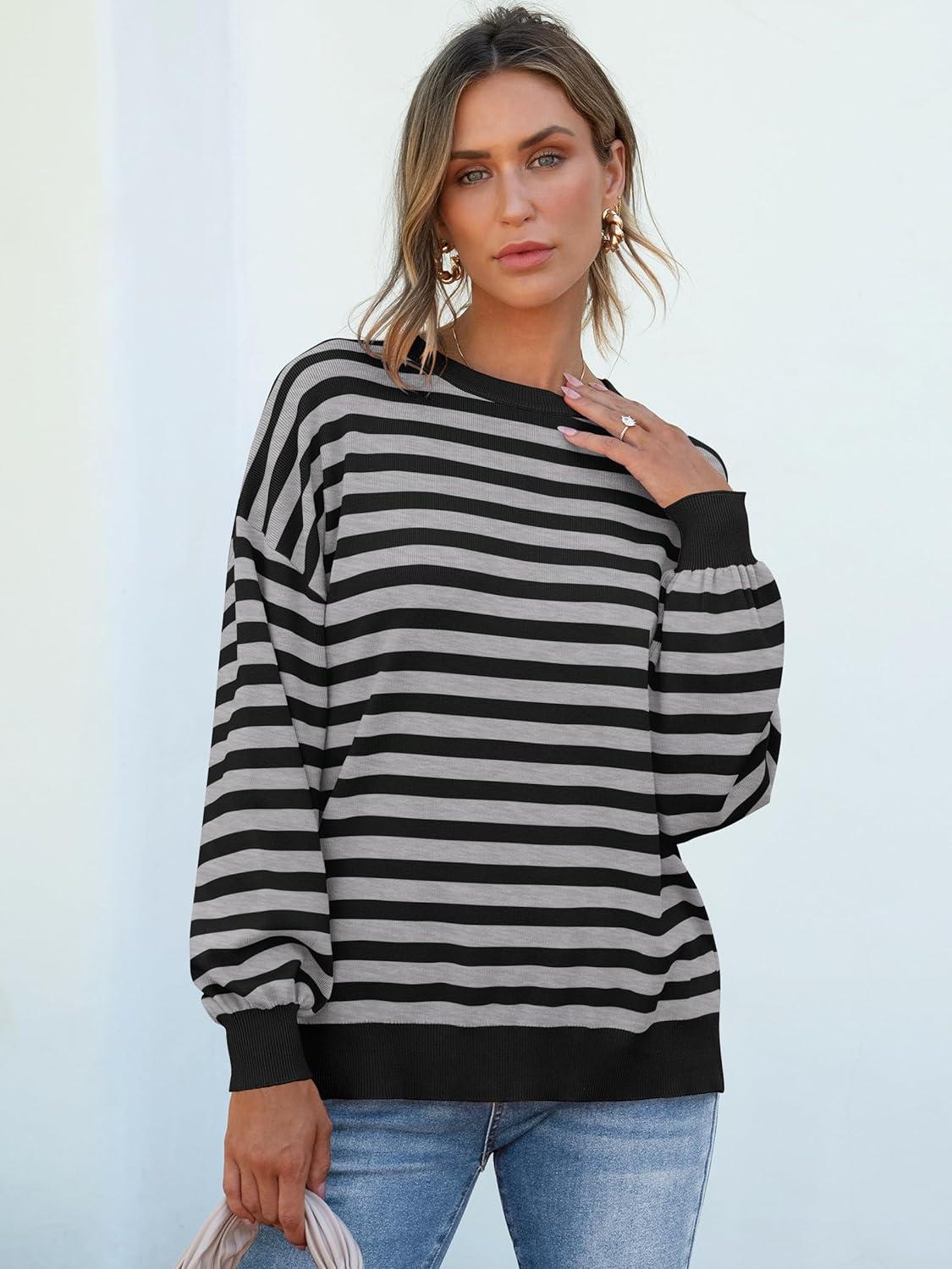 imageANRABESS Women Oversized Striped Sweaters Long Sleeve Crewneck Casual Side Slit Pullover Tops 2025 Fall Winter Trendy OutfitsBlack Grey