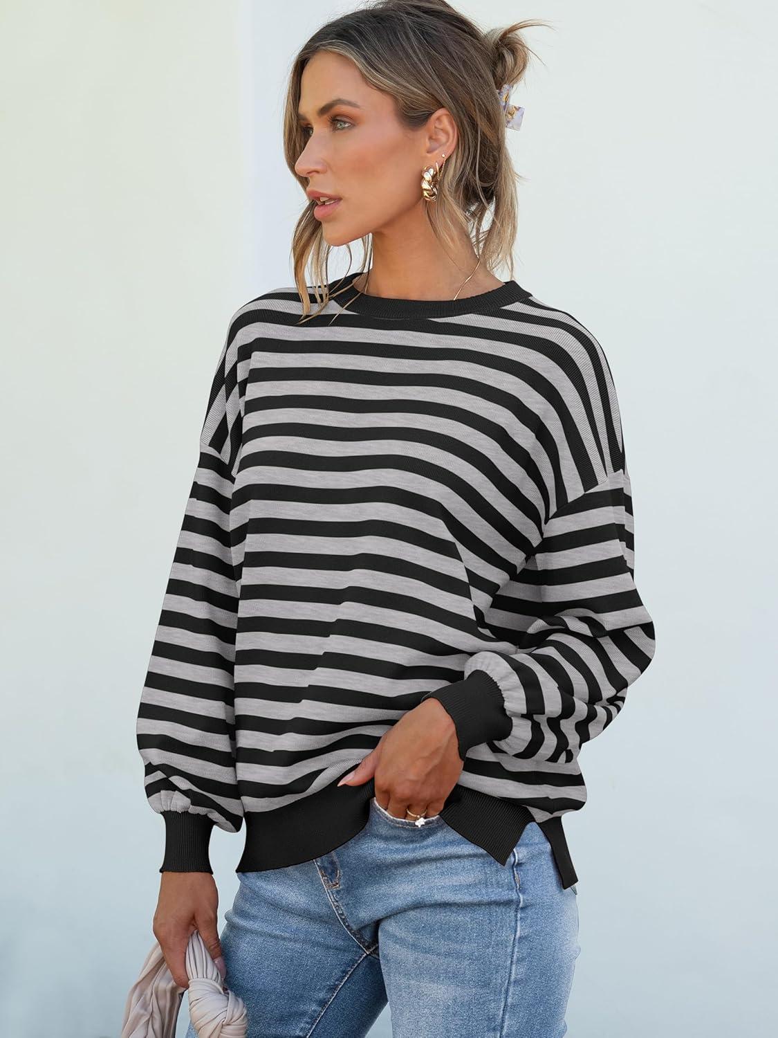 imageANRABESS Women Oversized Striped Sweaters Long Sleeve Crewneck Casual Side Slit Pullover Tops 2025 Fall Winter Trendy OutfitsBlack Grey