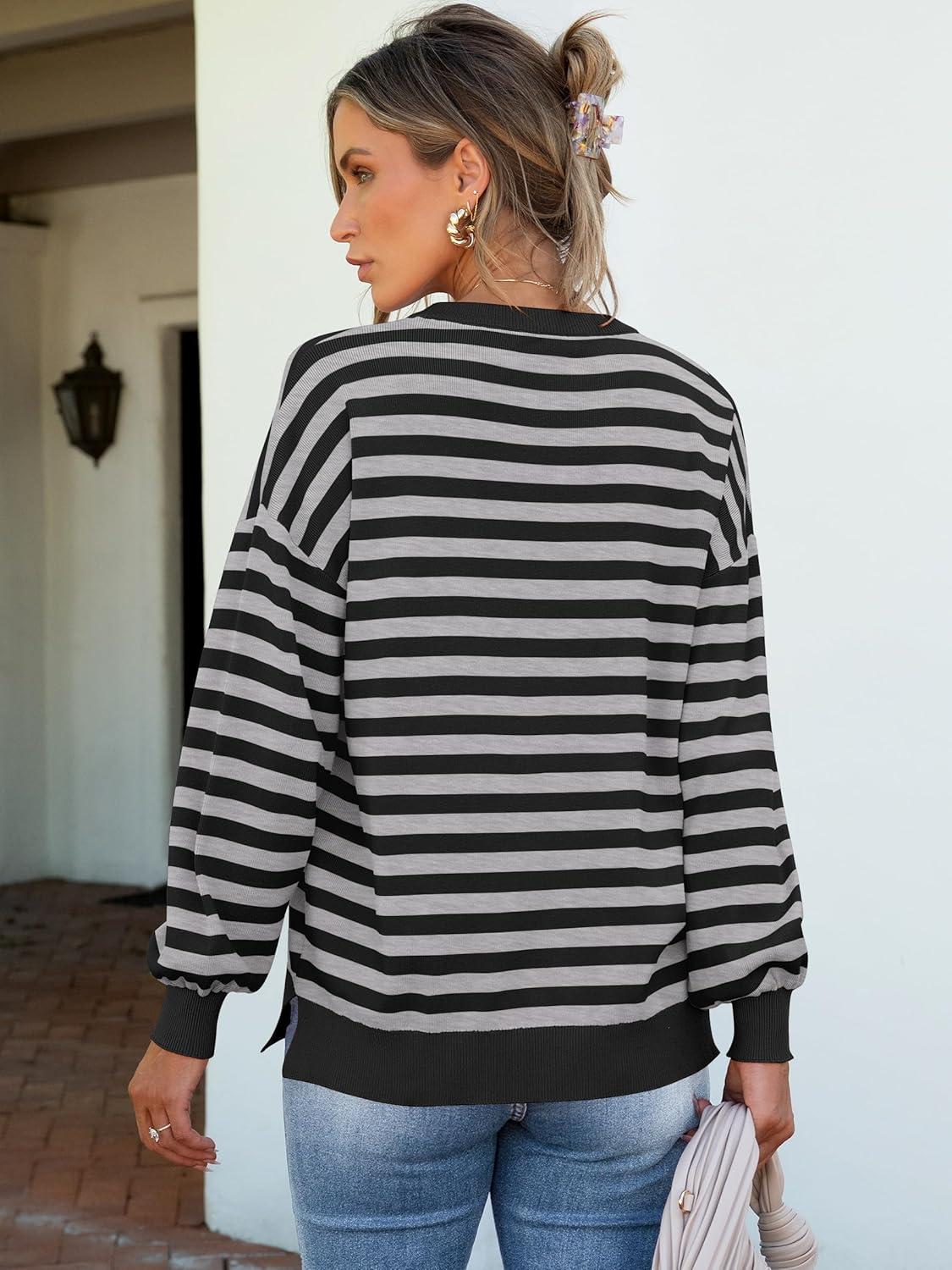 imageANRABESS Women Oversized Striped Sweaters Long Sleeve Crewneck Casual Side Slit Pullover Tops 2025 Fall Winter Trendy OutfitsBlack Grey