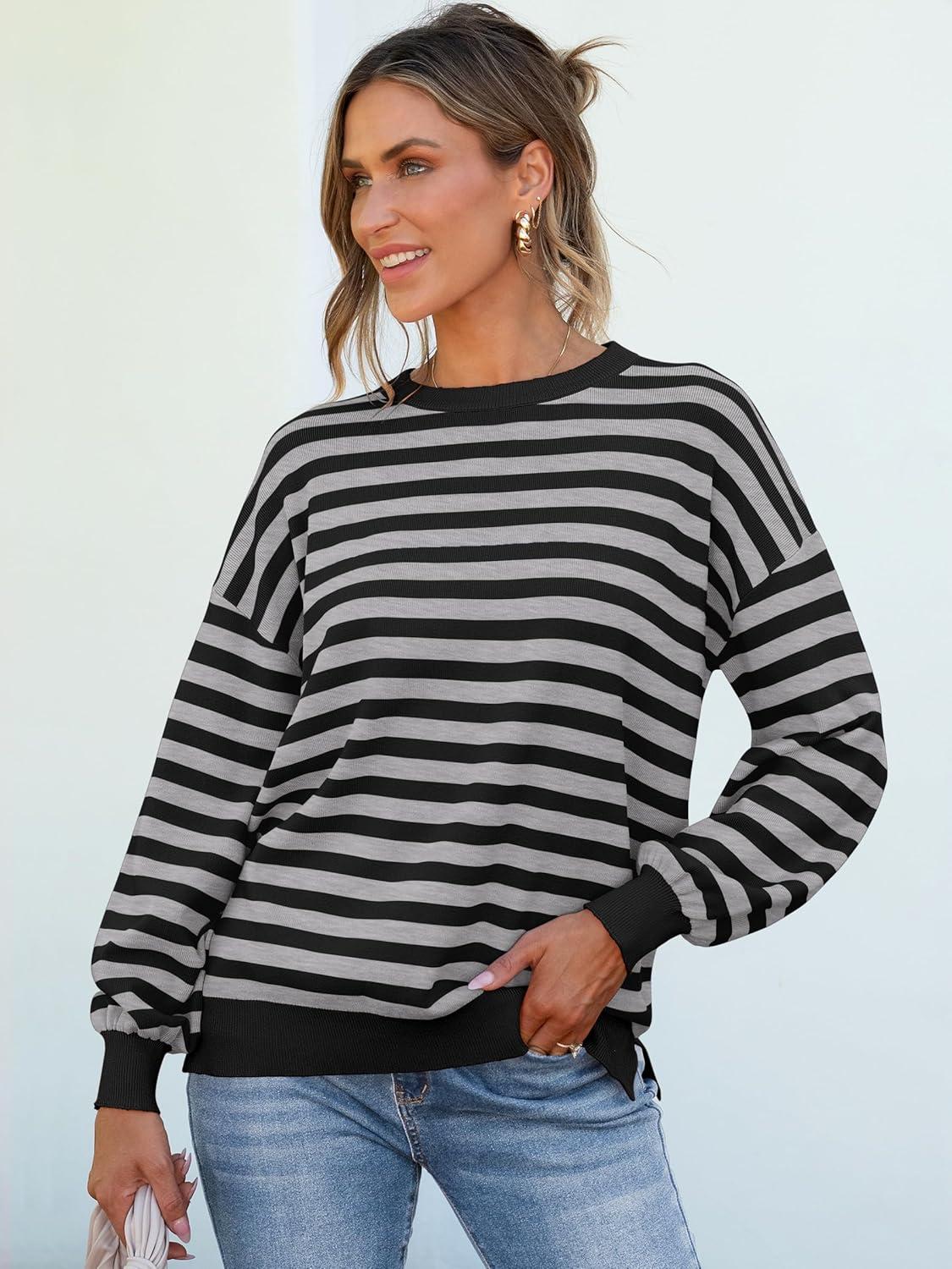 imageANRABESS Women Oversized Striped Sweaters Long Sleeve Crewneck Casual Side Slit Pullover Tops 2025 Fall Winter Trendy OutfitsBlack Grey