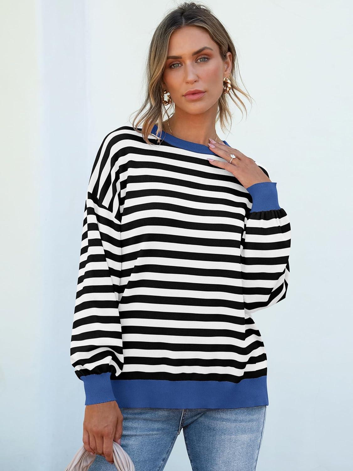 imageANRABESS Women Oversized Striped Sweaters Long Sleeve Crewneck Casual Side Slit Pullover Tops 2025 Fall Winter Trendy OutfitsBlack White