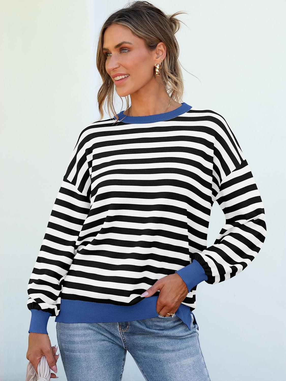 imageANRABESS Women Oversized Striped Sweaters Long Sleeve Crewneck Casual Side Slit Pullover Tops 2025 Fall Winter Trendy OutfitsBlack White