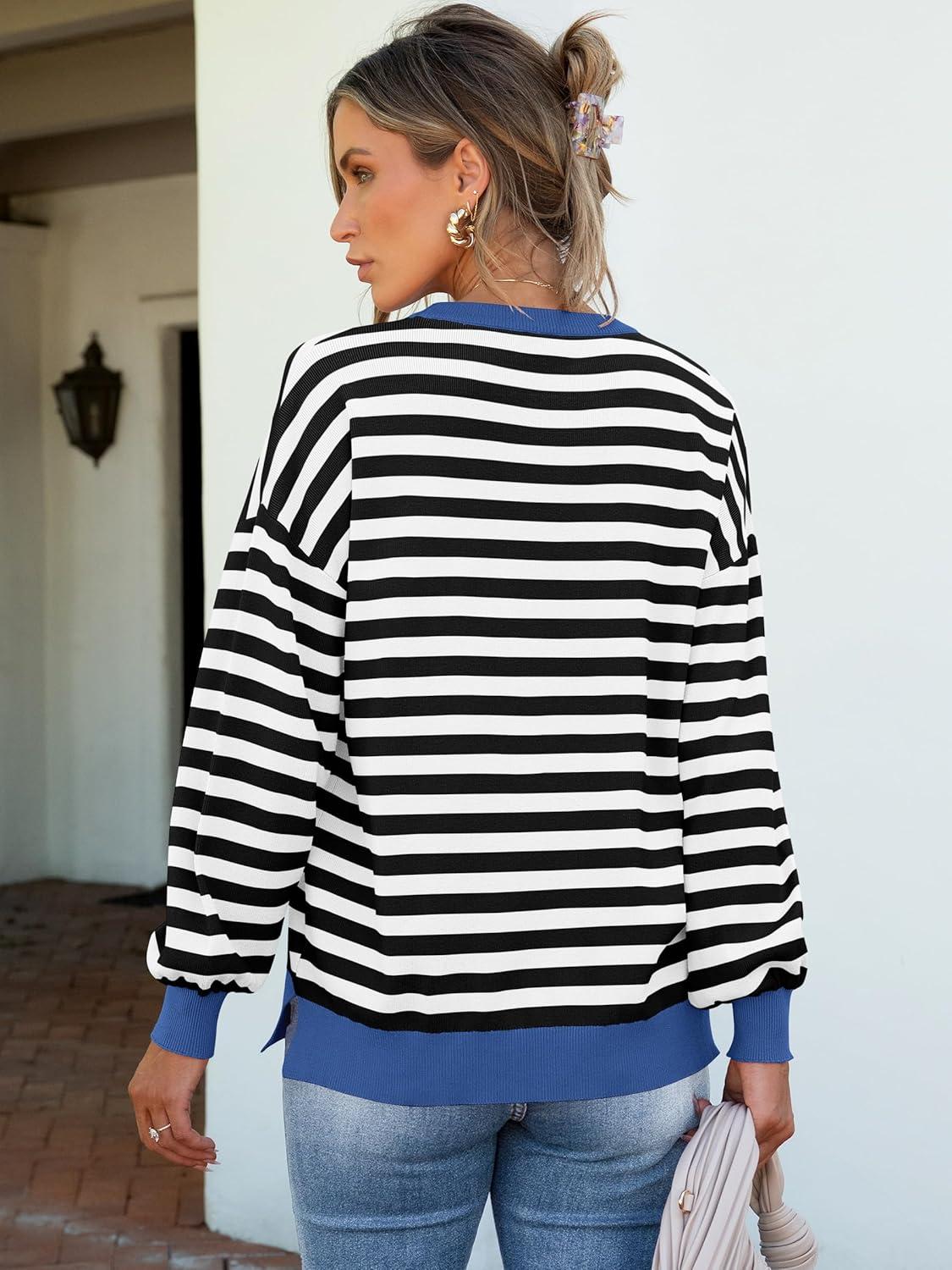 imageANRABESS Women Oversized Striped Sweaters Long Sleeve Crewneck Casual Side Slit Pullover Tops 2025 Fall Winter Trendy OutfitsBlack White