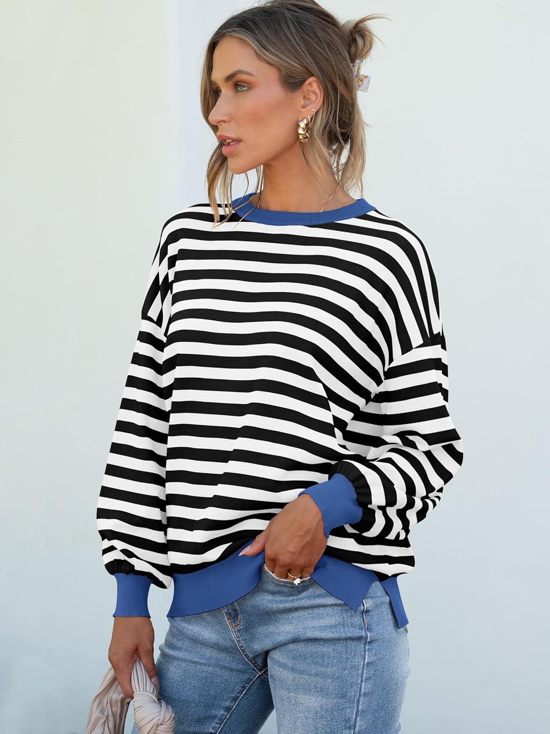 imageANRABESS Women Oversized Striped Sweaters Long Sleeve Crewneck Casual Side Slit Pullover Tops 2025 Fall Winter Trendy OutfitsBlack White