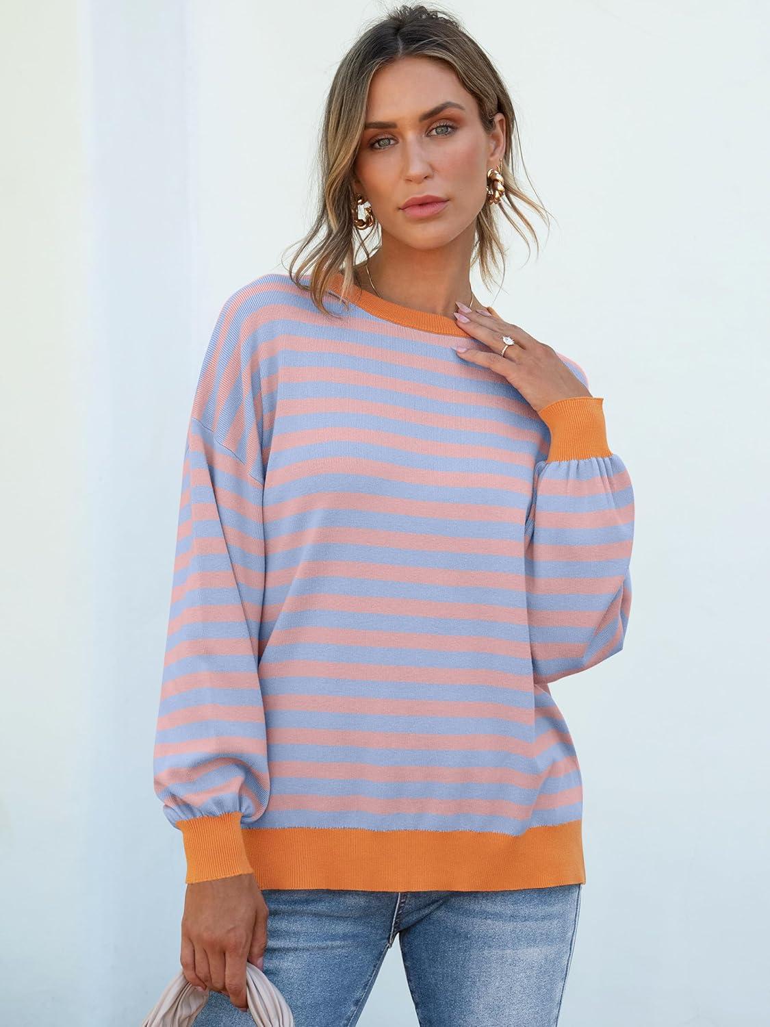 imageANRABESS Women Oversized Striped Sweaters Long Sleeve Crewneck Casual Side Slit Pullover Tops 2025 Fall Winter Trendy OutfitsBlue Orange