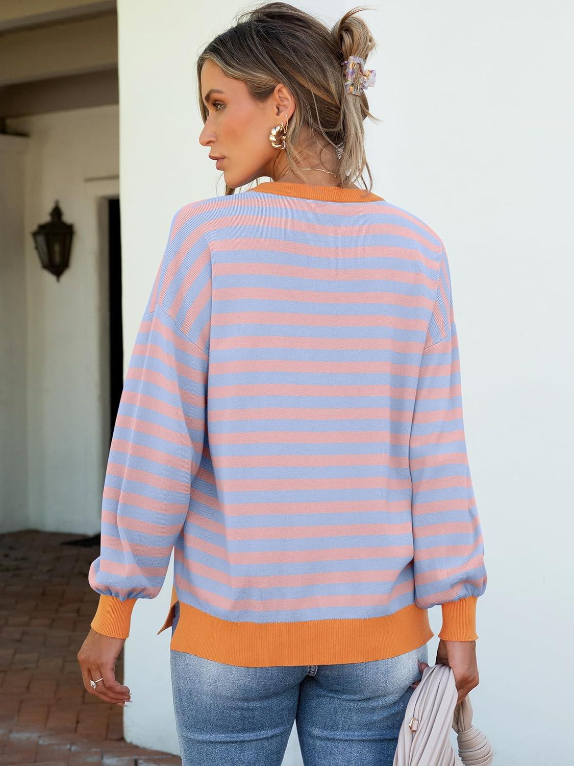 imageANRABESS Women Oversized Striped Sweaters Long Sleeve Crewneck Casual Side Slit Pullover Tops 2025 Fall Winter Trendy OutfitsBlue Orange