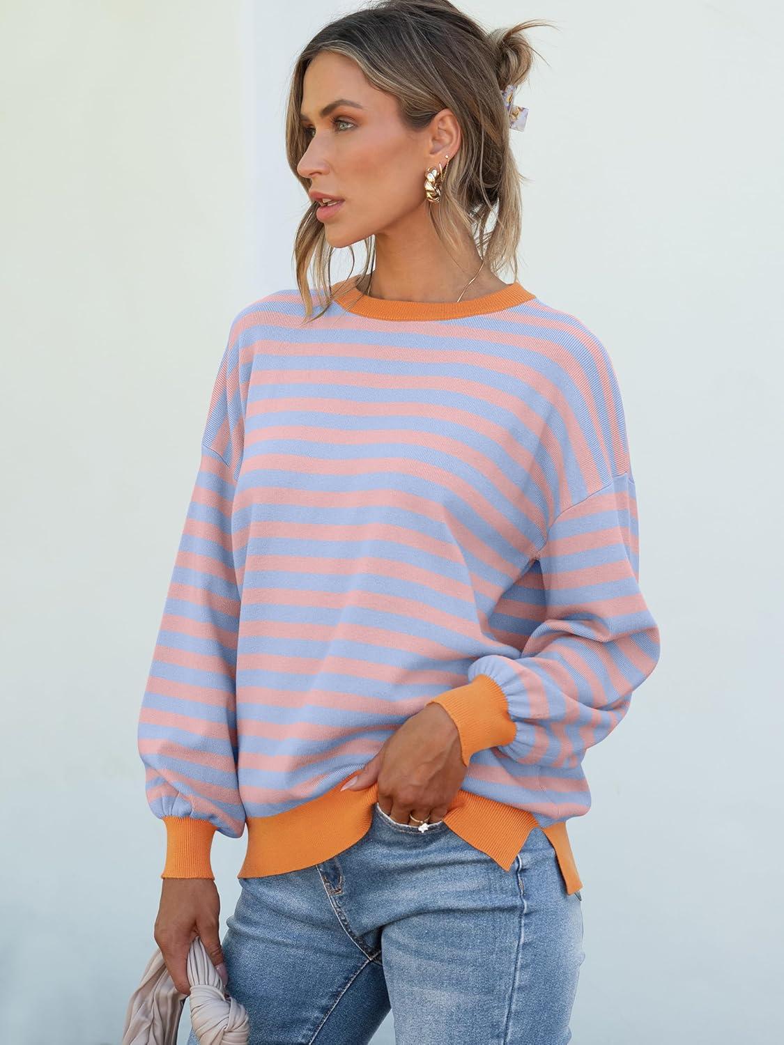 imageANRABESS Women Oversized Striped Sweaters Long Sleeve Crewneck Casual Side Slit Pullover Tops 2025 Fall Winter Trendy OutfitsBlue Orange