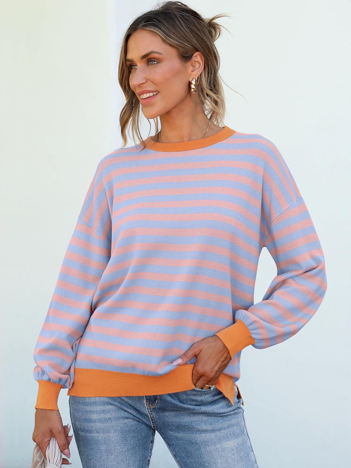 imageANRABESS Women Oversized Striped Sweaters Long Sleeve Crewneck Casual Side Slit Pullover Tops 2025 Fall Winter Trendy OutfitsBlue Orange