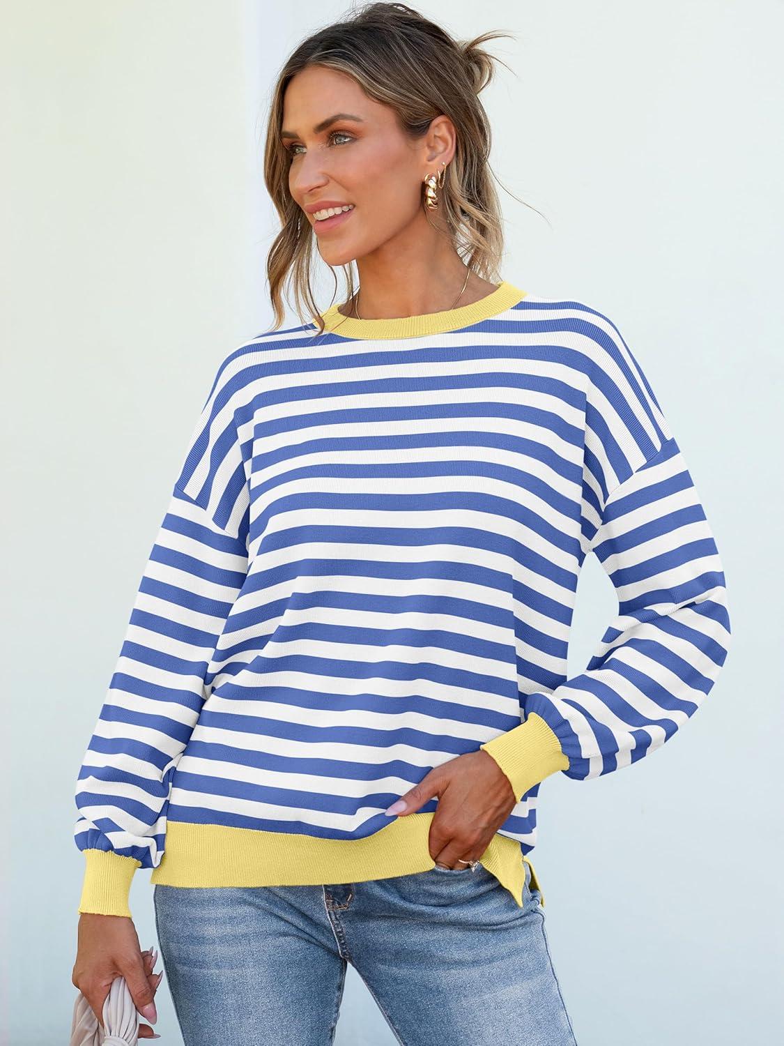 imageANRABESS Women Oversized Striped Sweaters Long Sleeve Crewneck Casual Side Slit Pullover Tops 2025 Fall Winter Trendy OutfitsBlue White