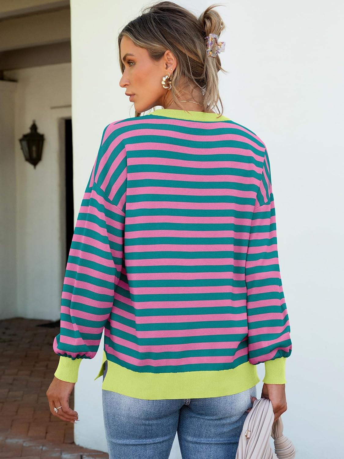 imageANRABESS Women Oversized Striped Sweaters Long Sleeve Crewneck Casual Side Slit Pullover Tops 2025 Fall Winter Trendy OutfitsGreen Pink