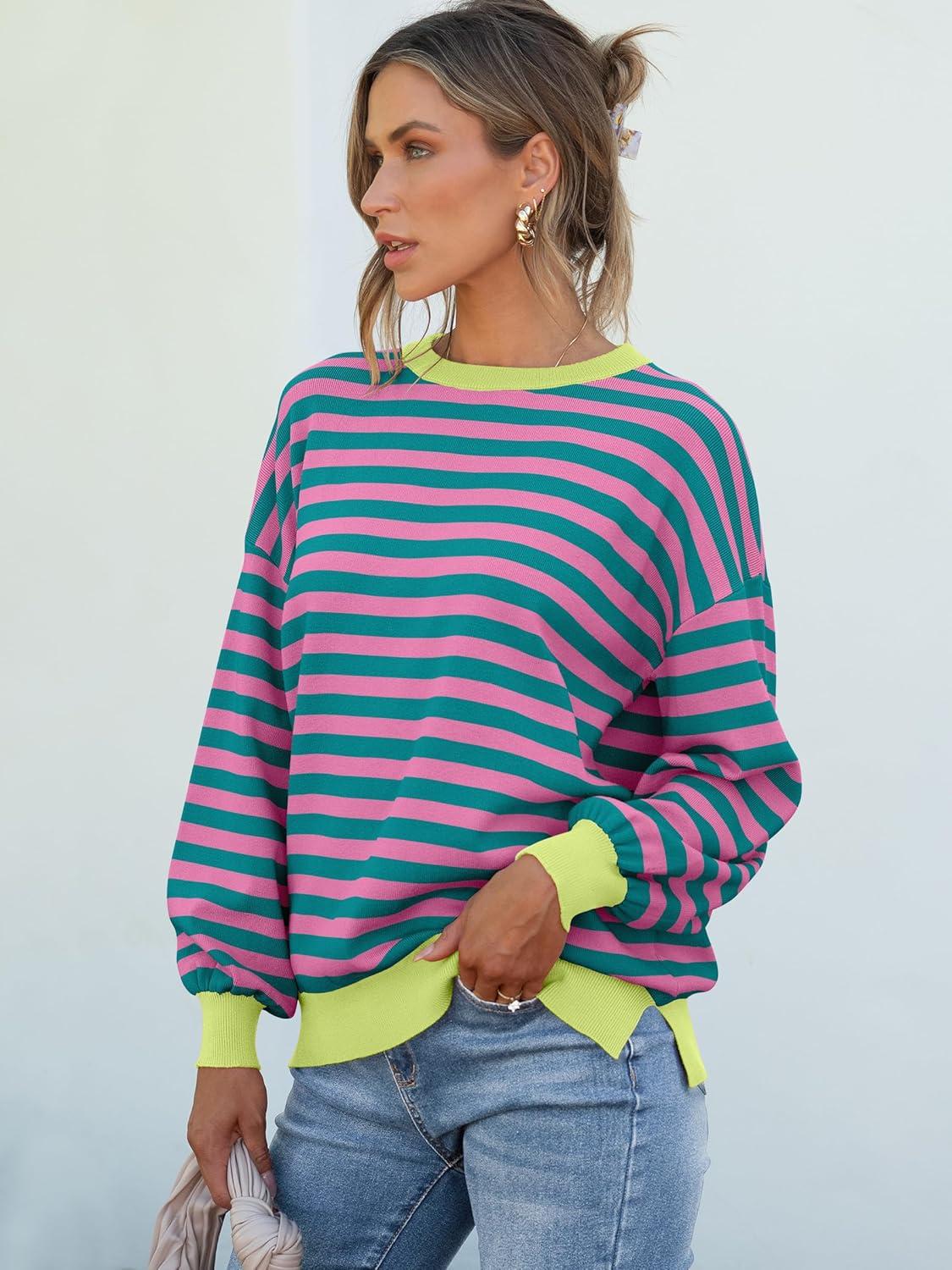 imageANRABESS Women Oversized Striped Sweaters Long Sleeve Crewneck Casual Side Slit Pullover Tops 2025 Fall Winter Trendy OutfitsGreen Pink
