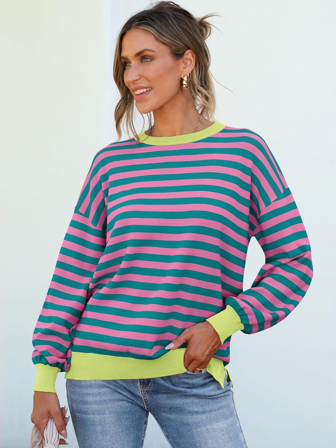 imageANRABESS Women Oversized Striped Sweaters Long Sleeve Crewneck Casual Side Slit Pullover Tops 2025 Fall Winter Trendy OutfitsGreen Pink