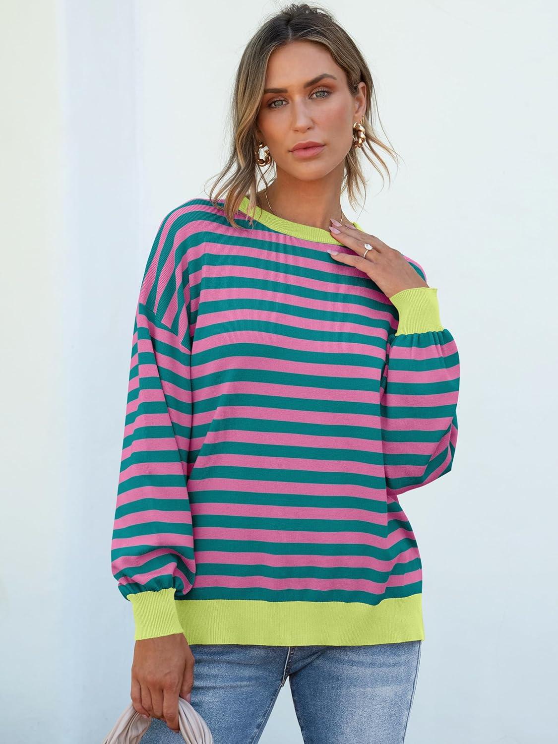 imageANRABESS Women Oversized Striped Sweaters Long Sleeve Crewneck Casual Side Slit Pullover Tops 2025 Fall Winter Trendy OutfitsGreen Pink