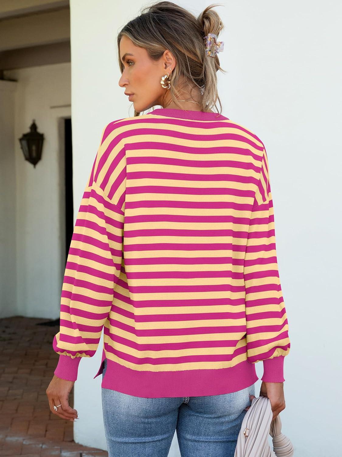 imageANRABESS Women Oversized Striped Sweaters Long Sleeve Crewneck Casual Side Slit Pullover Tops 2025 Fall Winter Trendy OutfitsHot Pink Yellow