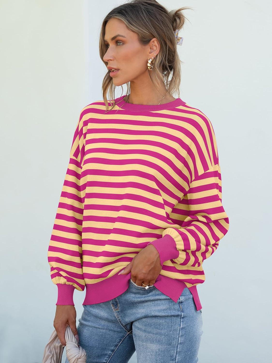 imageANRABESS Women Oversized Striped Sweaters Long Sleeve Crewneck Casual Side Slit Pullover Tops 2025 Fall Winter Trendy OutfitsHot Pink Yellow