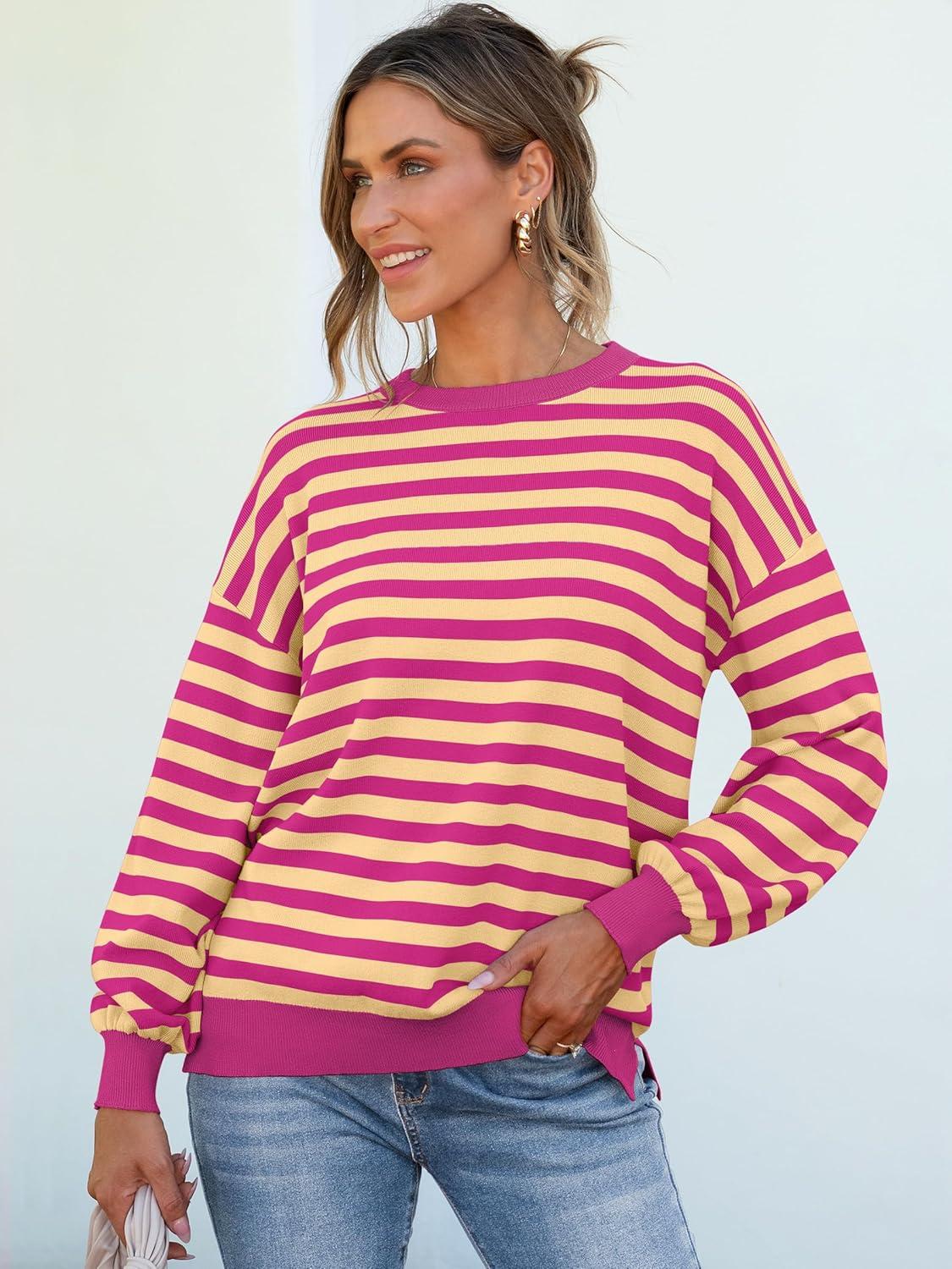 imageANRABESS Women Oversized Striped Sweaters Long Sleeve Crewneck Casual Side Slit Pullover Tops 2025 Fall Winter Trendy OutfitsHot Pink Yellow