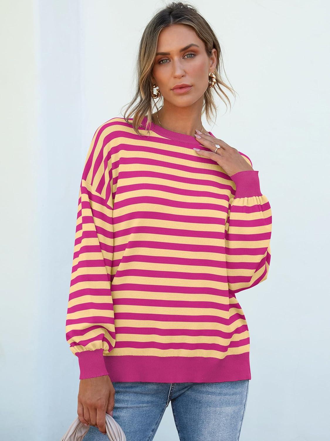 imageANRABESS Women Oversized Striped Sweaters Long Sleeve Crewneck Casual Side Slit Pullover Tops 2025 Fall Winter Trendy OutfitsHot Pink Yellow