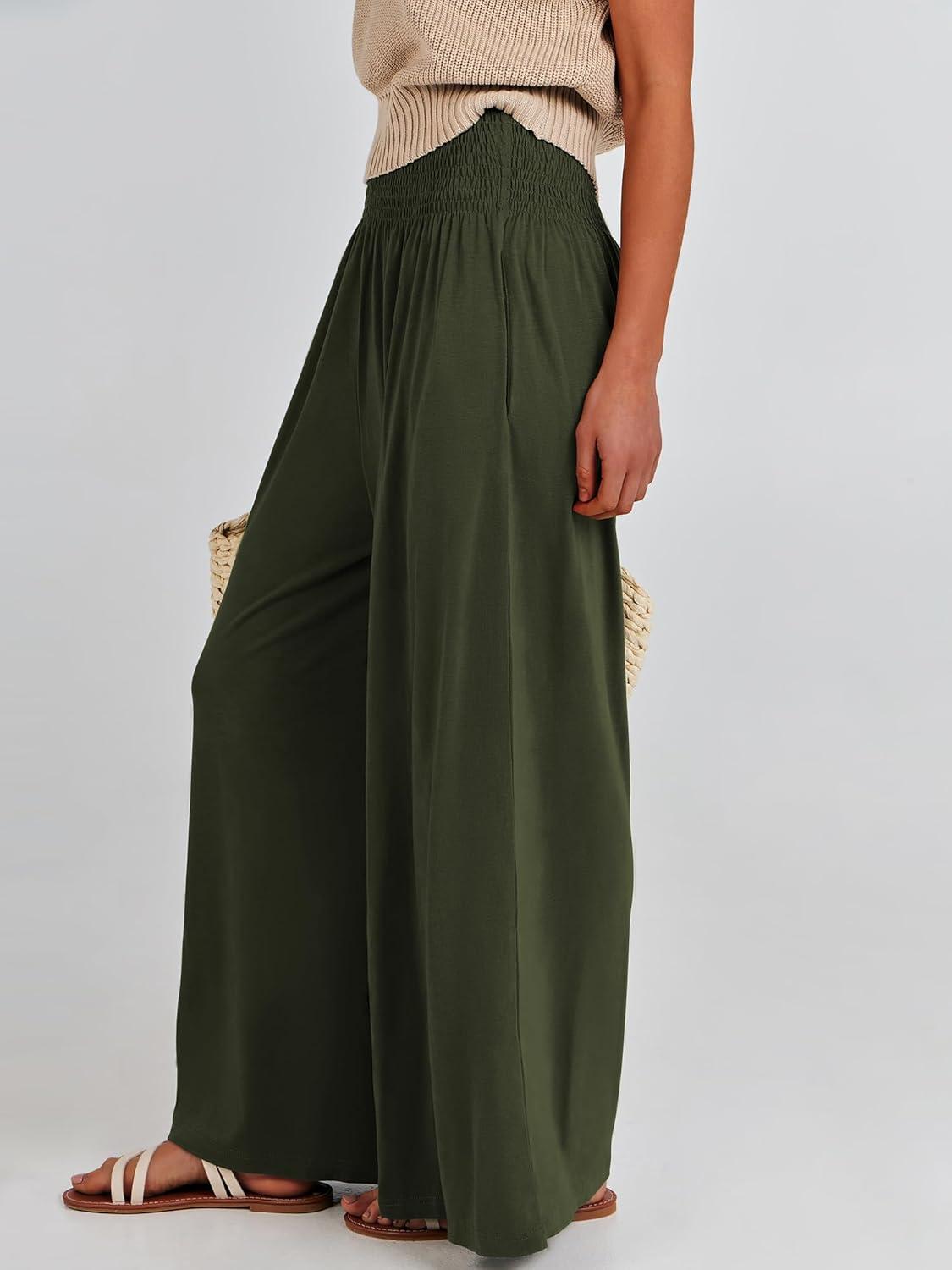 imageANRABESS Women Palazzo Pants Summer Boho Bagyy Wide Leg High Smocked Waist Casual Loose Lounge Pant with PocketArmy Green