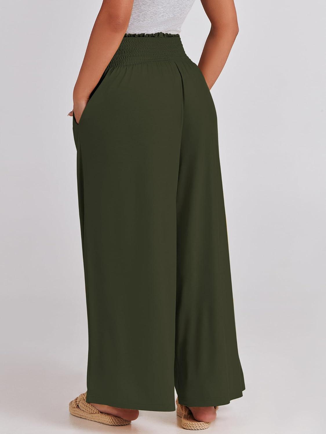 imageANRABESS Women Palazzo Pants Summer Boho Bagyy Wide Leg High Smocked Waist Casual Loose Lounge Pant with PocketArmy Green