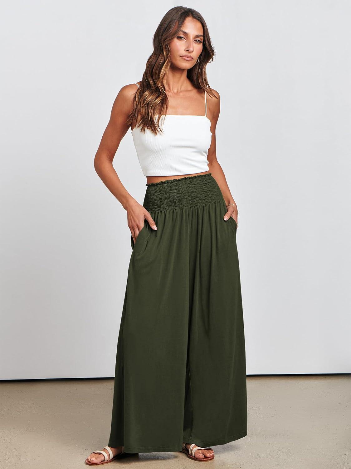 imageANRABESS Women Palazzo Pants Summer Boho Bagyy Wide Leg High Smocked Waist Casual Loose Lounge Pant with PocketArmy Green