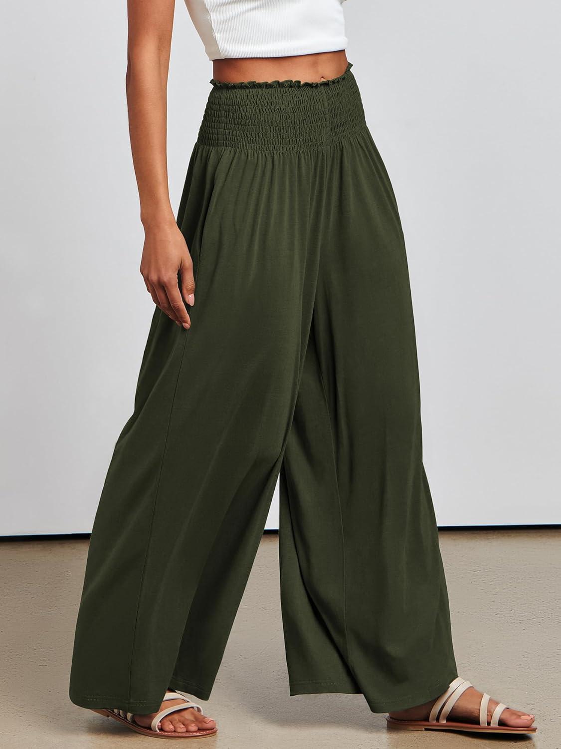 imageANRABESS Women Palazzo Pants Summer Boho Bagyy Wide Leg High Smocked Waist Casual Loose Lounge Pant with PocketArmy Green