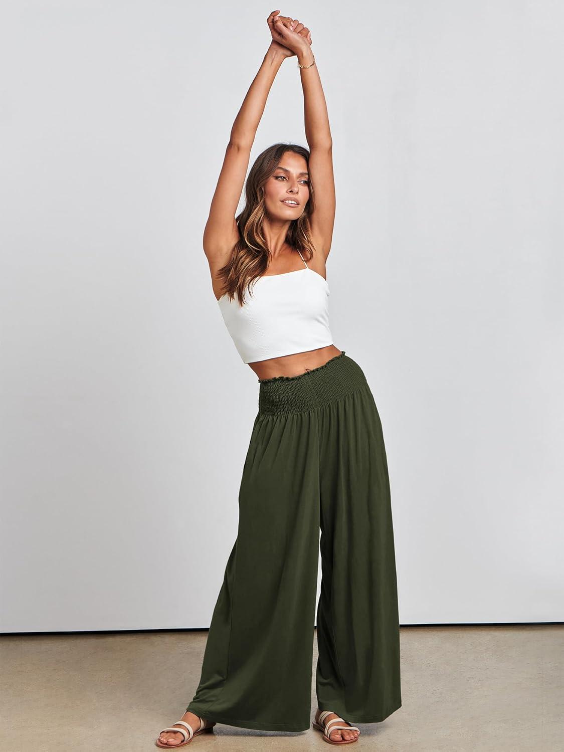 imageANRABESS Women Palazzo Pants Summer Boho Bagyy Wide Leg High Smocked Waist Casual Loose Lounge Pant with PocketArmy Green