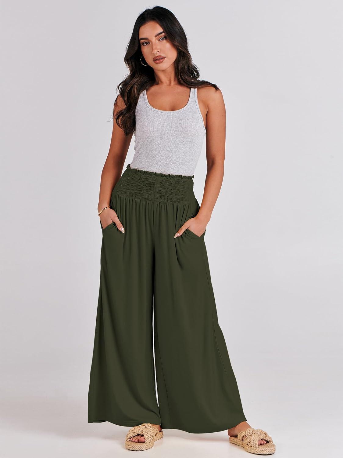imageANRABESS Women Palazzo Pants Summer Boho Bagyy Wide Leg High Smocked Waist Casual Loose Lounge Pant with PocketArmy Green