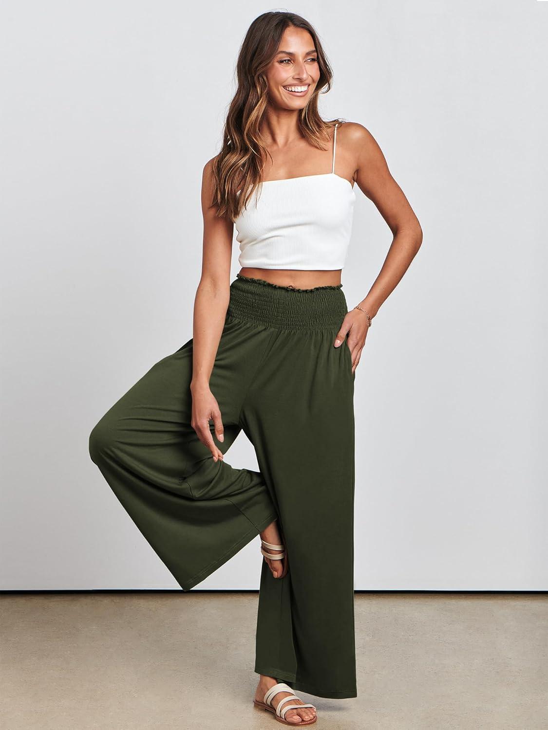 imageANRABESS Women Palazzo Pants Summer Boho Bagyy Wide Leg High Smocked Waist Casual Loose Lounge Pant with PocketArmy Green