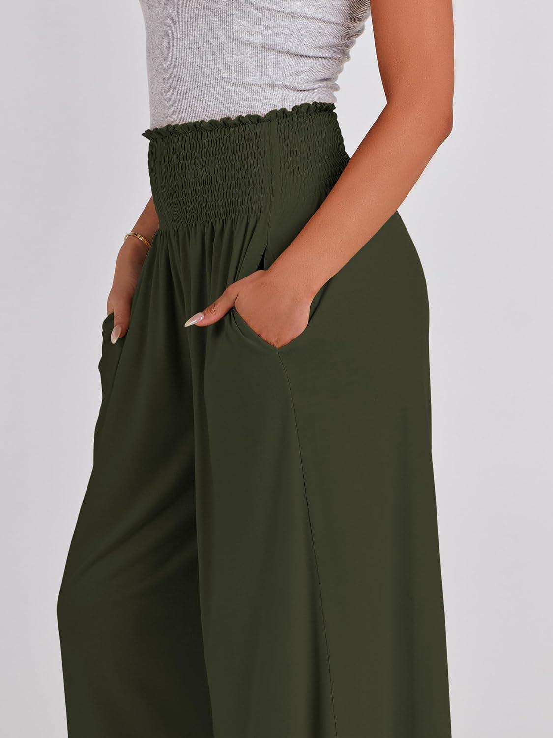 imageANRABESS Women Palazzo Pants Summer Boho Bagyy Wide Leg High Smocked Waist Casual Loose Lounge Pant with PocketArmy Green
