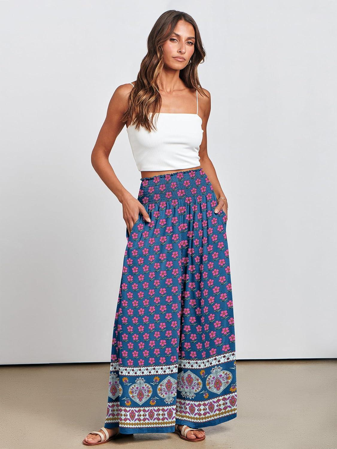 imageANRABESS Women Palazzo Pants Summer Boho Bagyy Wide Leg High Smocked Waist Casual Loose Lounge Pant with PocketFloral Pink Blue